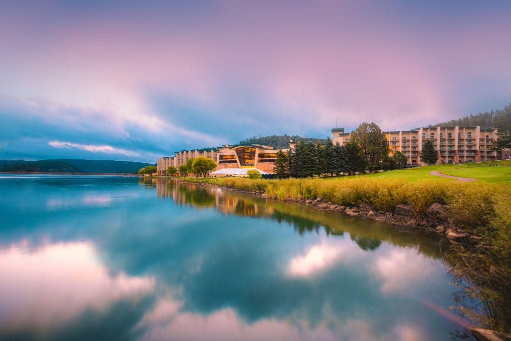 Exterior of Inn of the Mountain Gods and Casino and Lake Mescalero.